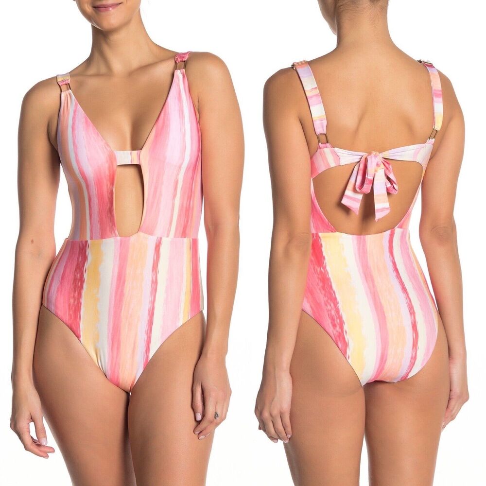 Becca Women M Cabana Swimsuit Pink Stripe One Piece Keyhole Bathing Suit NEW